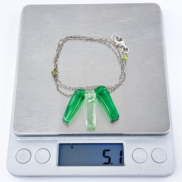 Vintage Sterling Silver 925 Green Glass Pendant Necklace 16.5"-18" - Picture 4 of 4